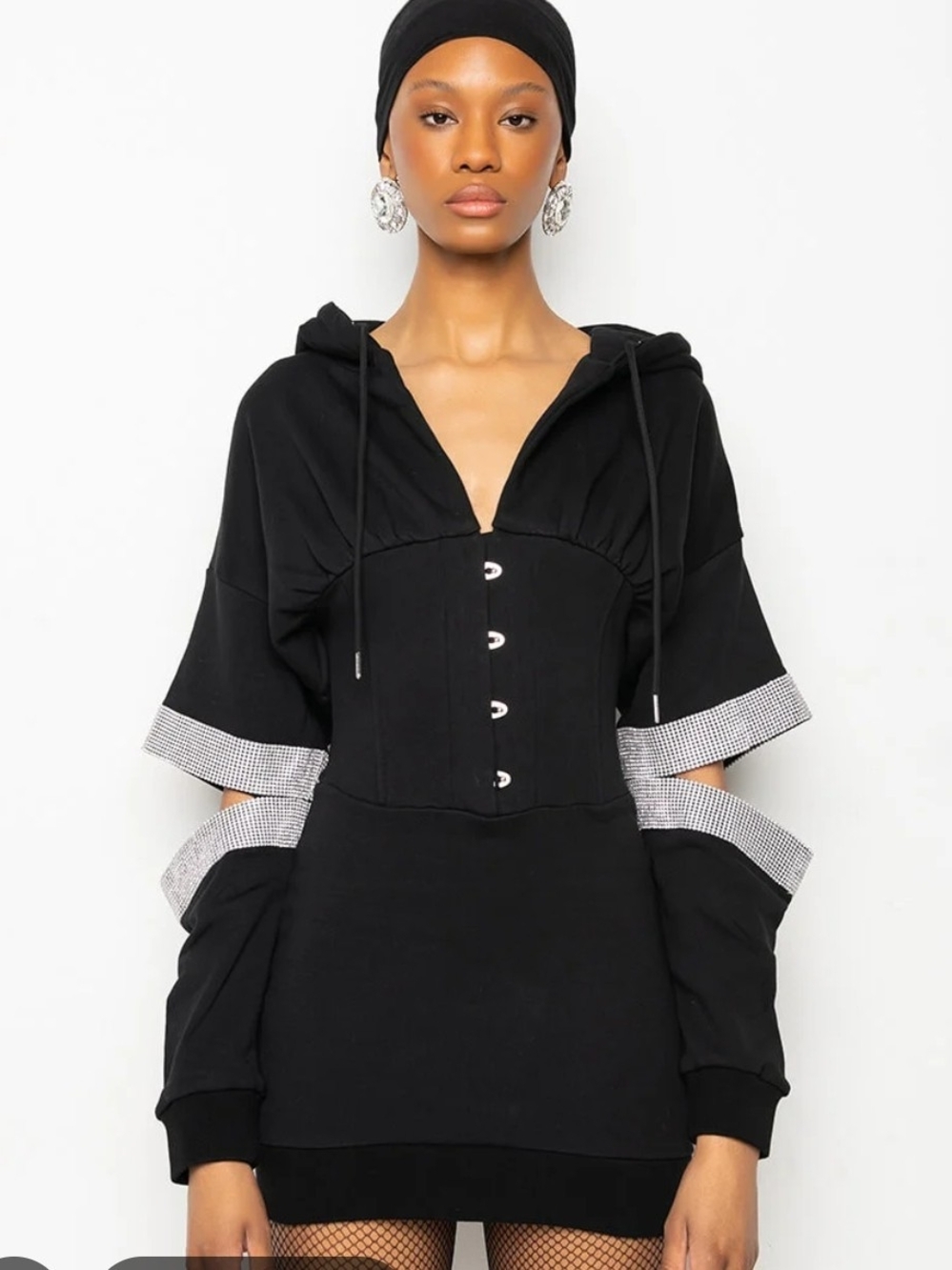 AKIRA Black Hooded Pullover with Corset Front and Rhinestone Trim